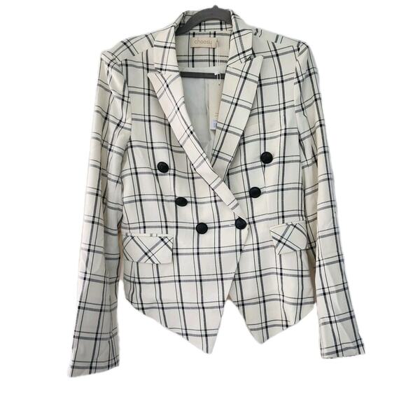 Choosy Blazer Jacket NWT 4 Ivory Cream Plaid Bossgirl Preppy Career Mobwives - Picture 4 of 11